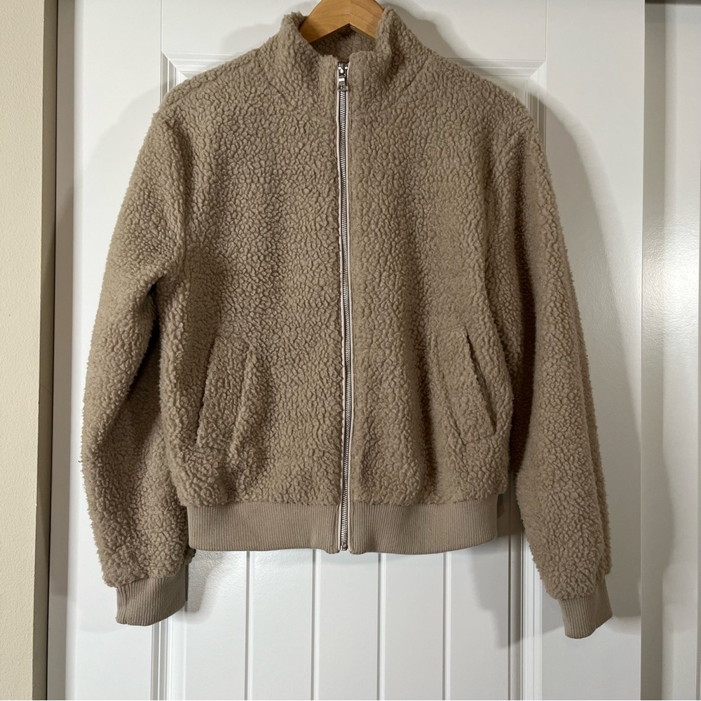 Beige Brown Teddy Bomber Jacket Womens Size Medium Sherpa Cozy Dressy Casual